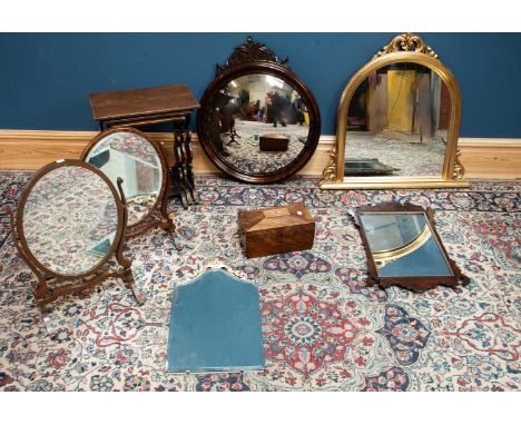 Two mahogany dressing table mirrors, together with a gilt framed wall mirror, two further mirrors, nest of coffee tables and 