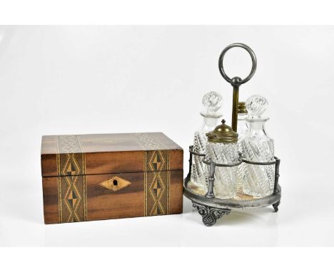 A small Victorian walnut trinket box and a Victorian four bottle condiment set (2).