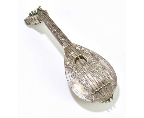 A Victorian imported hallmarked silver novelty rush light in the form of a lute, embossed, decorated with figures in landscap