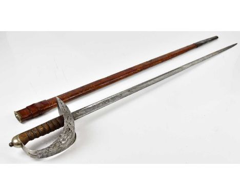 A George V 1897 pattern infantry officer's sword with leather scabbard, overall length of blade 82cm.   Condition Report: Ind