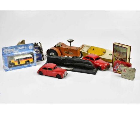 CHAD VALLEY, HARBORNE; a tin plate motor vehicle together with a Met Toy clockwork vehicle, a tin plate tractor with Dunlop w
