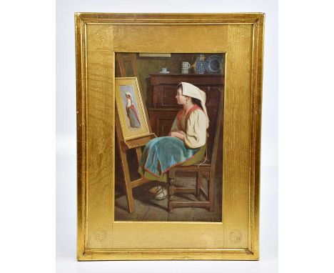J KNIGHT; watercolour, a Dutch lady sitting on a chair in front a court cupboard and blue and white ceramics looking at a por