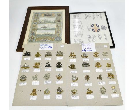 A collection British Army cap badges, various regiments, including Queen's Royal, Royal Warwick, Kings Own, etc, with a post-