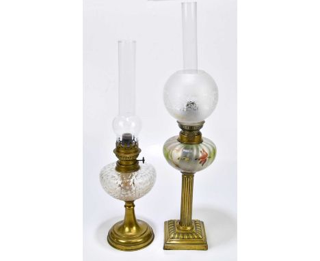 An early 20th century brass table lamp with painted glass reservoir and frosted glass shade, on Corinthian column, height inc