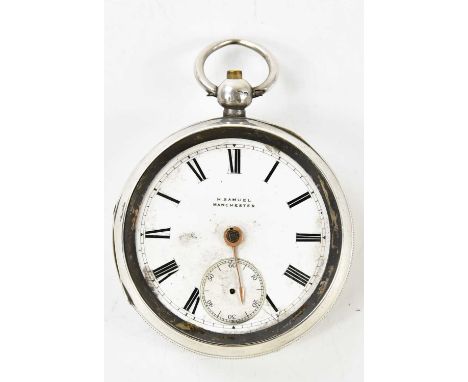 H. SAMUEL, MANCHESTER; a hallmarked silver cased open face pocket watch, with white enamel dial set with subsidiary dial set 