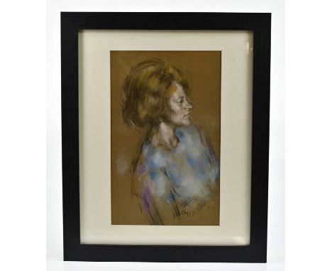 † HAROLD FRANCIS RILEY DL DLITT FRCS DFA ATC (1934-2023); pastel, portrait of a lady with brown hair and wearing a blue dress