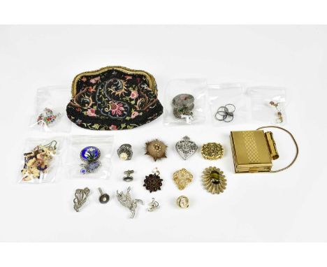 A quantity of assorted vintage costume jewellery, to include various brooches, a beadwork bag, a compact, a cloisonne brooch,