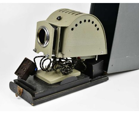 A vintage Johnson Optiscope Model 12 lantern slide projector, complete with lens, with a very large quantity of glass slides,