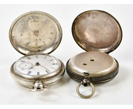 Two Continental silver cased pocket watches, both with white enamel dial and subsidiary dial set with Roman numerals, both ca