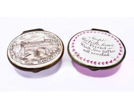 Two 18th century patch boxes, one inscribed 'Barton Bridge, a trifle from Manchester', the other inscribed 'Accept this trifl