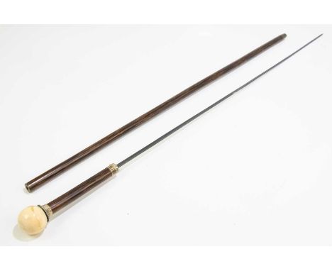 A Victorian bamboo white metal mounted sword stick with ivory pommel and brass tip, stamped to the collar 'WM', overall lengt