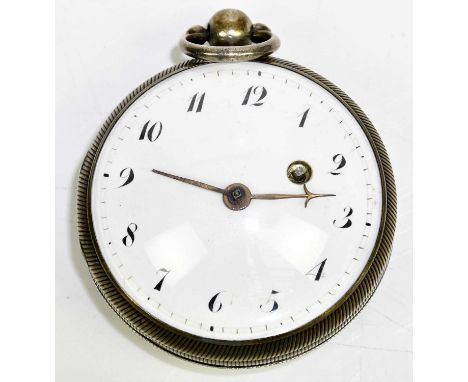 A white metal pair cased pocket watch, the back decorated with religious scene, with white enamel dial set with Arabic numera