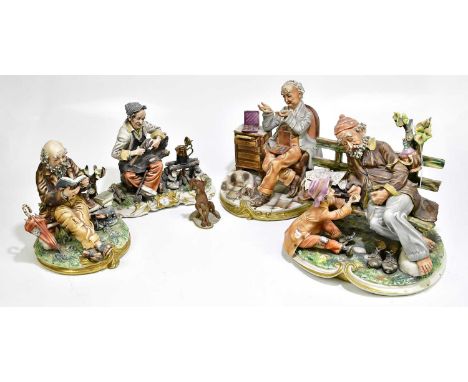 CAPODIMONTE; four large ceramic models, including a homeless figure talking to a child on a bench, height 28cm, length 30cm, 