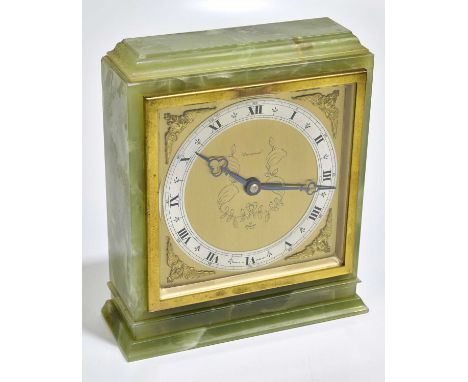 ELLIOTT; a large onyx mantel clock, the brass face set with silver chapter ring bearing Arabic and Roman numerals, height 22c