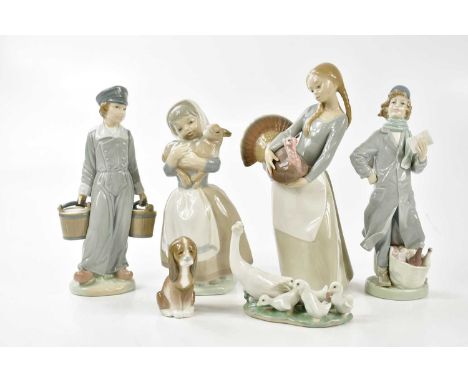 LLADRO; three figures and two models of animals to include a lady wearing a baseball cap with a basket of fruit and milk at h