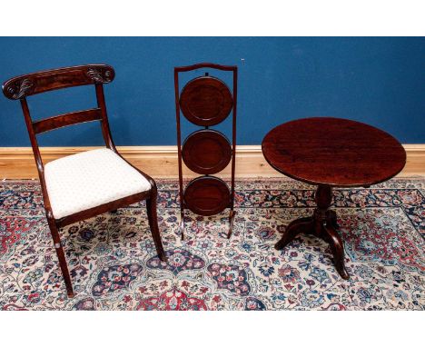 A Georgian oak tilt-top tripod table, together with a 19th century bar back chair with drop-in seat and a folding cake stand 