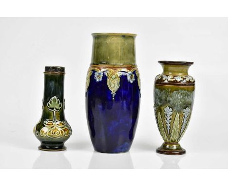 ROYAL DOULTON; three Artware vases to include a squat example with Art Nouveau style decoration, with hallmarked silver rim, 