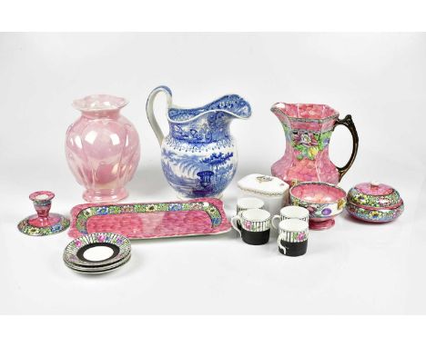 A 19th century blue and white water jug, decorated with a European scene, together with an assortment of ceramics to include 