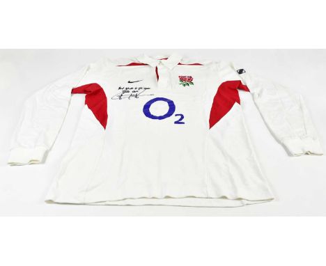JONNY WILKINSON; a 2003 England rugby shirt, signed and inscribed to front 'Best of luck to you mate, take care', size L.Cond