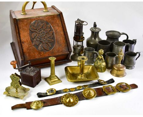 An assortment of 19th century and later metalware to include an unusual brass and metal miner's lamp with mesh top, pewter mu