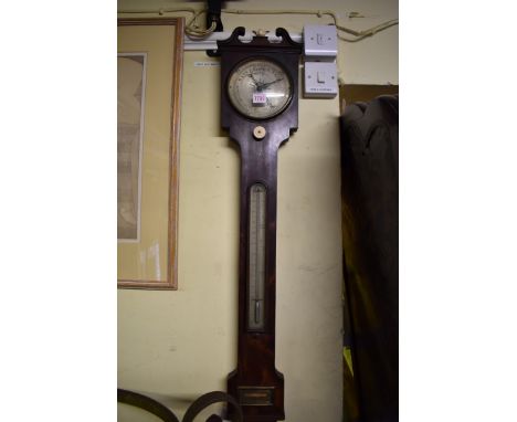 An early 19th century mahogany three dial stick barometer,&nbsp;inscribed 'F Belloni, Shaftsbury', 97.5cm high. 