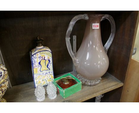 A mixed lot, comprising, a Venetian twin handled glass vase, 33.5cm high; a tin glazed pottery flask; a pair of cut glass pep