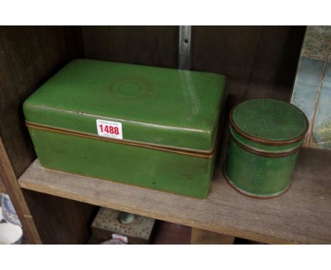 A Chinese green cloisonne enamel rectangular casket, 24cm wide; together with a similar circular box and cover, 9cm wide.&nbs