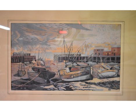 C H R, boats in a harbour, linocut, 26.5 x 43cm. 