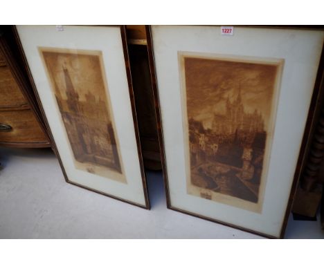 A Dallemagne, Continental street scenes, a pair, each signed in pencil, etching, pl.58 x 28.5cm.&nbsp; 
