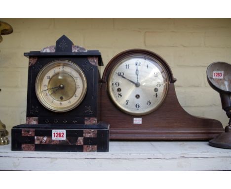A Victorian slate and marble mantel timepiece,&nbsp;27.5cm high; together with a 1920s oak Napoleon clock, each with pendulum