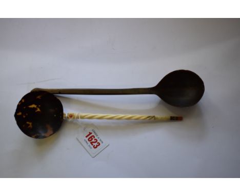 A 19th century Ottoman&nbsp;walrus ivory, tortoiseshell and coral sherbet spoon,&nbsp;23cm long; together with a similar horn