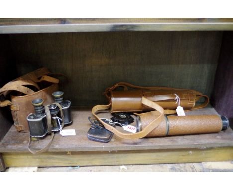 A pair of leather cased binoculars,&nbsp;inscribed 'P.19', and with broad arrow stamp; together with a leather cased three dr