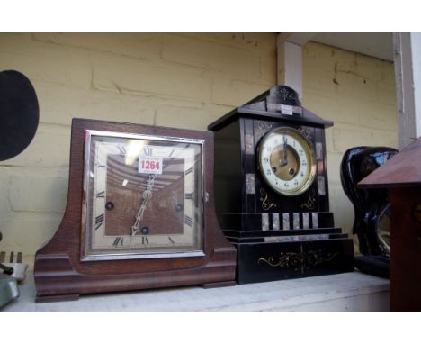 An Art Deco oak mantel clock,&nbsp;by Bravingtons, 22cm high; together with a Victorian slate and marble mantel clock, 32.5cm