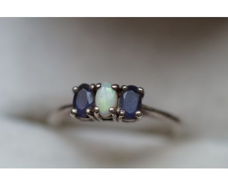 Silver opal and sapphire ring