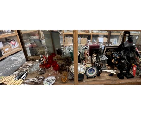 Assorted electroplated cutlery together with ruby glass drinking glasses, Chinese pottery dragons, pottery dog and cat, Armou
