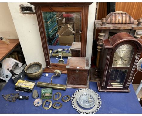 A mahogany wall clock, together with parts of a wall clock, oak cabinet, mirror, brass buckles, flat iron, clippers, razor et