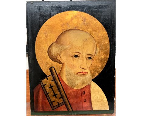 A head and shoulders portrait of St Peter holding a key, signed to the reverse Kolnischer Meister, oil on board, 33 x 24.5cm 