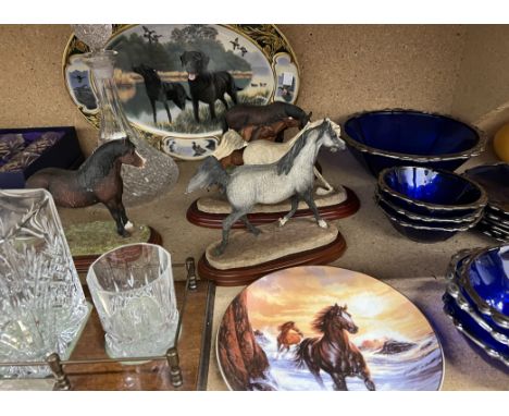 Border fine arts ponies together with a Japanese part tea set, decanters, glasses, oil lamp etc