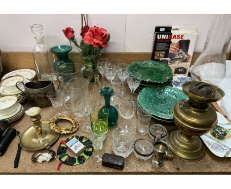 Assorted leaf dishes together with a brass oil lamp, drinking glasses, electroplated wares, part tea sets etc