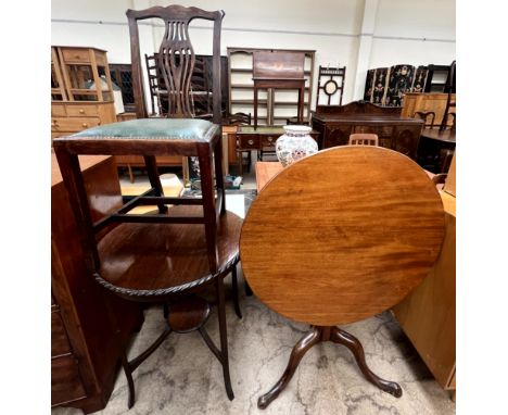 A 19th century mahogany tripod table together with a mahogany occasional table and a dining chair 