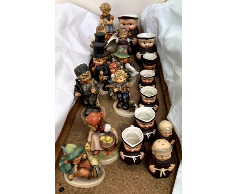 A collection of M J Hummel figures together with Goebel monk jugs, cruet etc 