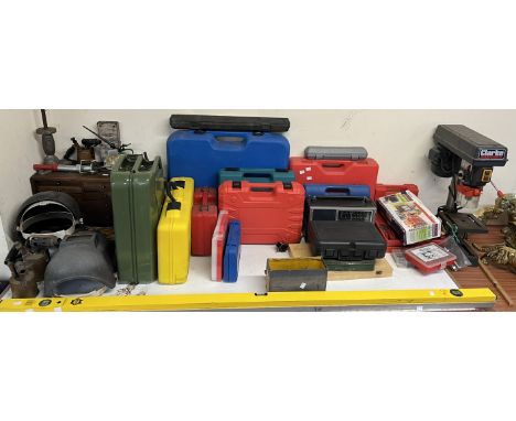 A collection of tools including saws, planes, blow torches, Clarke pillar drill, oils etc 