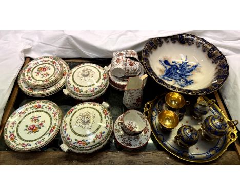 A Continental porcelain bachelors set on a tray together with a pottery wash bowl, Swansea pattern part dinner set and a flor