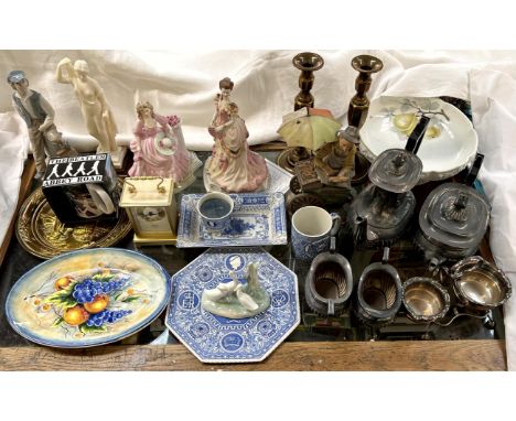 A Nao figure of a young boy together with Coalport figures, electroplated part tea set, brass candlesticks, pottery etc 