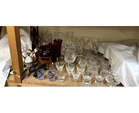 Porcelain egg shaped boxes and covers together with a cuckoo clock, drinking glasses etc 