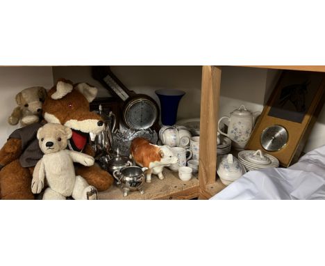 A Poole pottery part tea and dinner set together with barometers, clock, pottery bull, Basil Brush teddy, other teddy bears, 