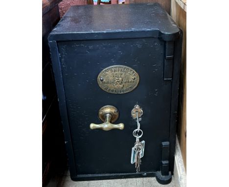 A small black painted Universal safe, with keys 46cm high x 30cm wide x 30cm deep CONDITION REPORT: Weight unknown as we do n