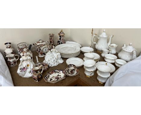 A collection of Mason's Mandalay pottery including clock, jug, teapot together with Royal Doulton figures and a Royal Albert 