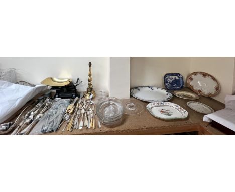 A scales and weights together with a brass table lamp, electroplated flatwares, glass dishes and pottery meat plates etc