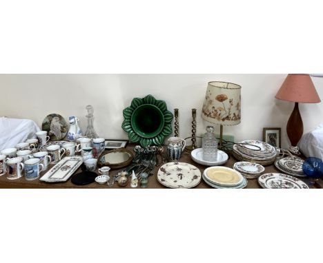 A Paragon part tea set together with commemorative mugs, teak table lamp, another table lamp, brass candlesticks, decanters, 